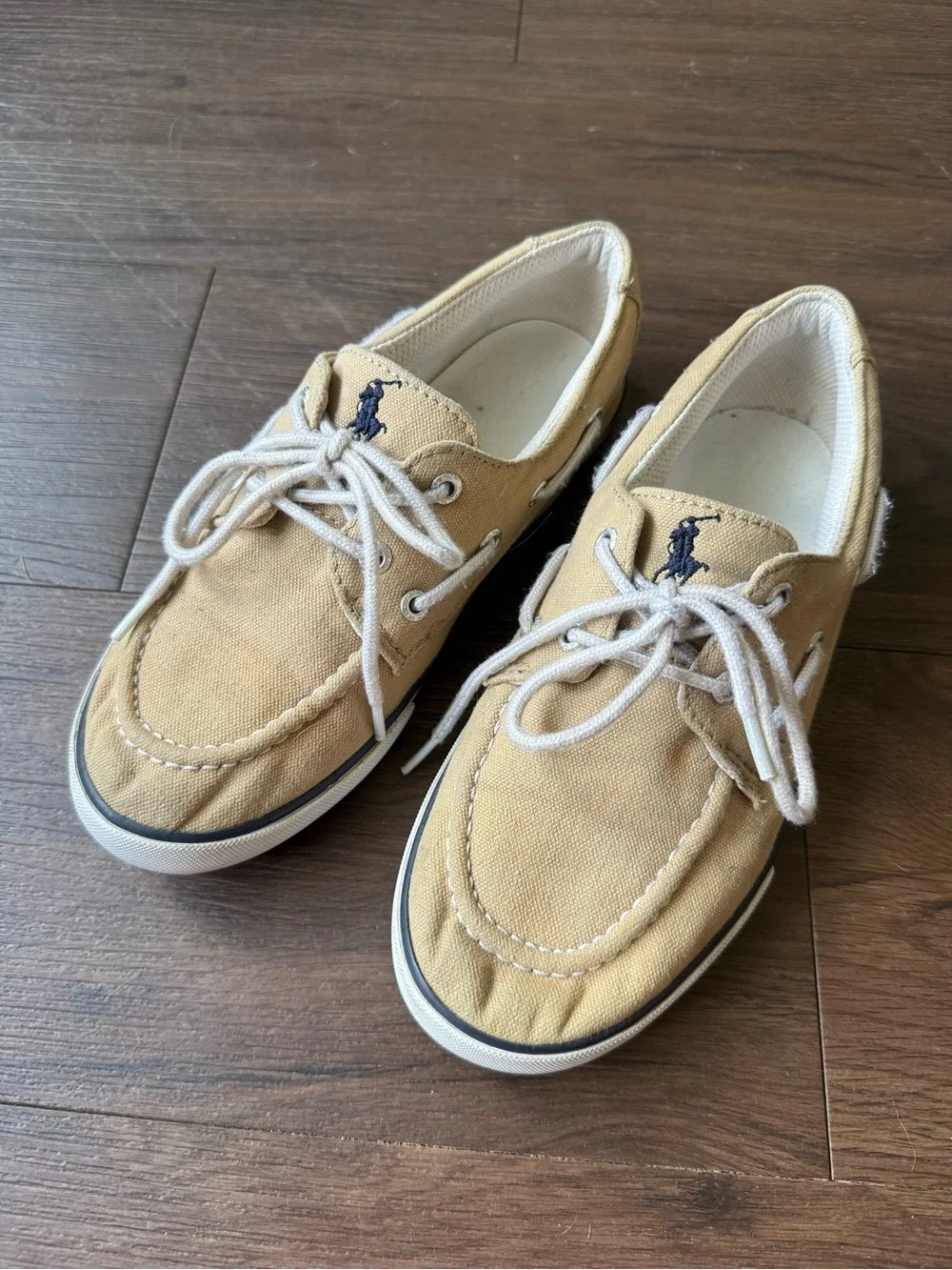 Polo Ralph Lauren Beige Khaki Canvas Boat Shoes Loafers Navy Pony Logo Size 3Y